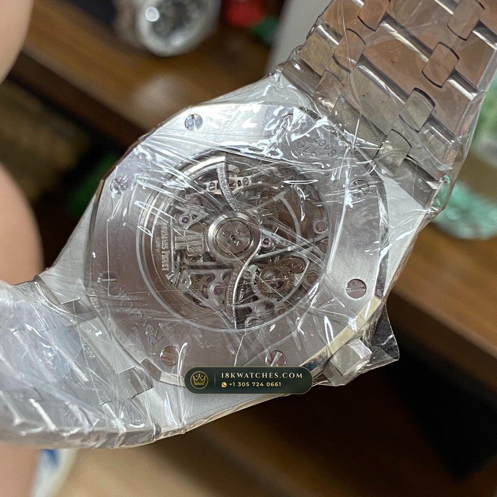 Audemars Piguet Royal Oak Double Balance Wheel Openworked 41mm Baguette Blue Topaz Bezel 18K White Gold Geneva Atelier Spec Ref. 15412BC.TO.1220BC.01 — Studio Gallery Plate VII in 18K White Gold Au750 (224.1g Verified Mass, Audemars Piguet Cal. 3132 Dual-Balance Openworked)