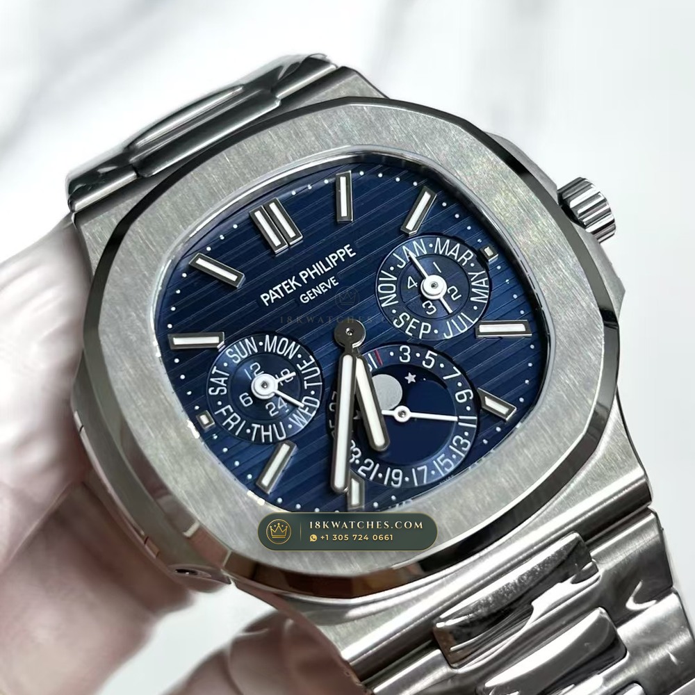 Patek Philippe Nautilus Grand Complication Perpetual Calendar Sunburst Blue Dial 18K White Gold Ref. 5740/1G-001 — Studio Gallery Plate II in 18K White Gold Au750 (183.6g Verified Mass, Patek Philippe Ultra-Thin Cal. 240 Q Perpetual Calendar - 22K Gold Micro-Rotor)