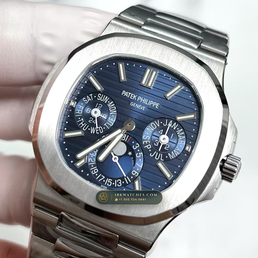 Patek Philippe Nautilus Grand Complication Perpetual Calendar Sunburst Blue Dial 18K White Gold Ref. 5740/1G-001 — Studio Gallery Plate III in 18K White Gold Au750 (183.6g Verified Mass, Patek Philippe Ultra-Thin Cal. 240 Q Perpetual Calendar - 22K Gold Micro-Rotor)