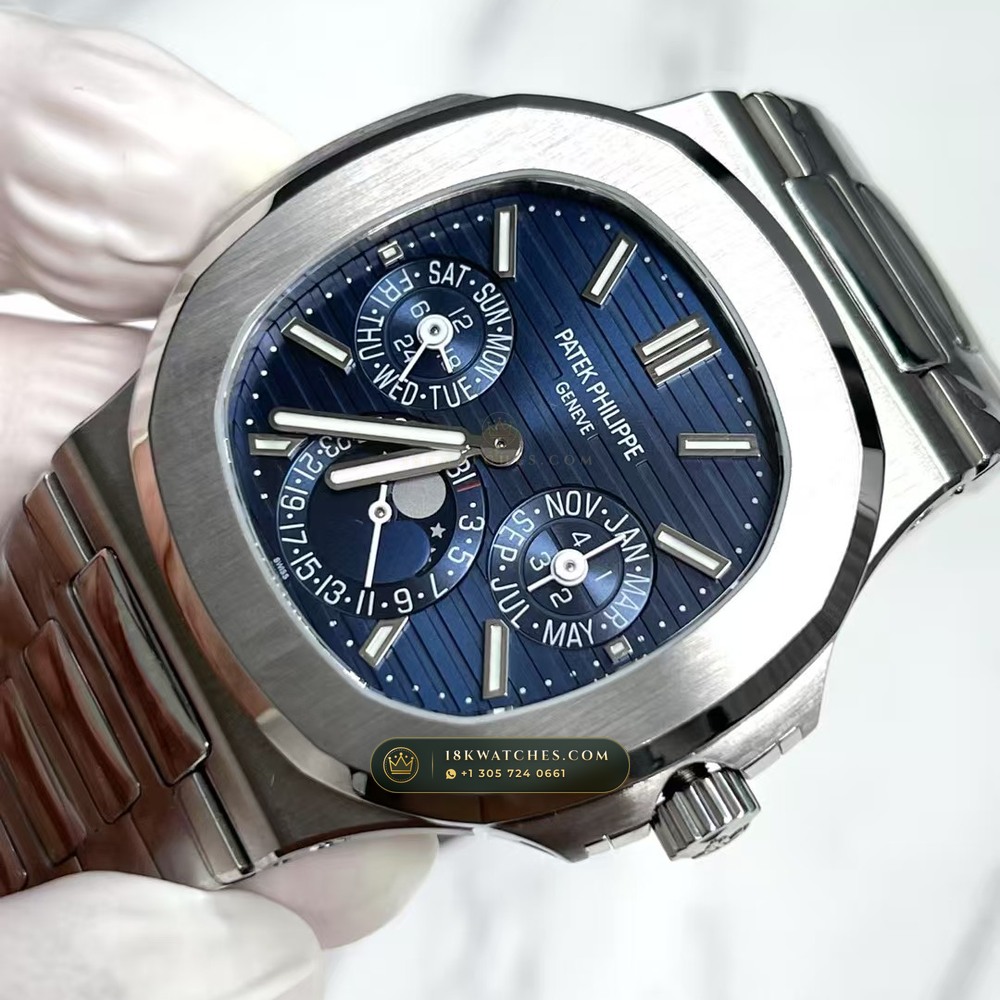 Patek Philippe Nautilus Grand Complication Perpetual Calendar Sunburst Blue Dial 18K White Gold Ref. 5740/1G-001 — Studio Gallery Plate IV in 18K White Gold Au750 (183.6g Verified Mass, Patek Philippe Ultra-Thin Cal. 240 Q Perpetual Calendar - 22K Gold Micro-Rotor)