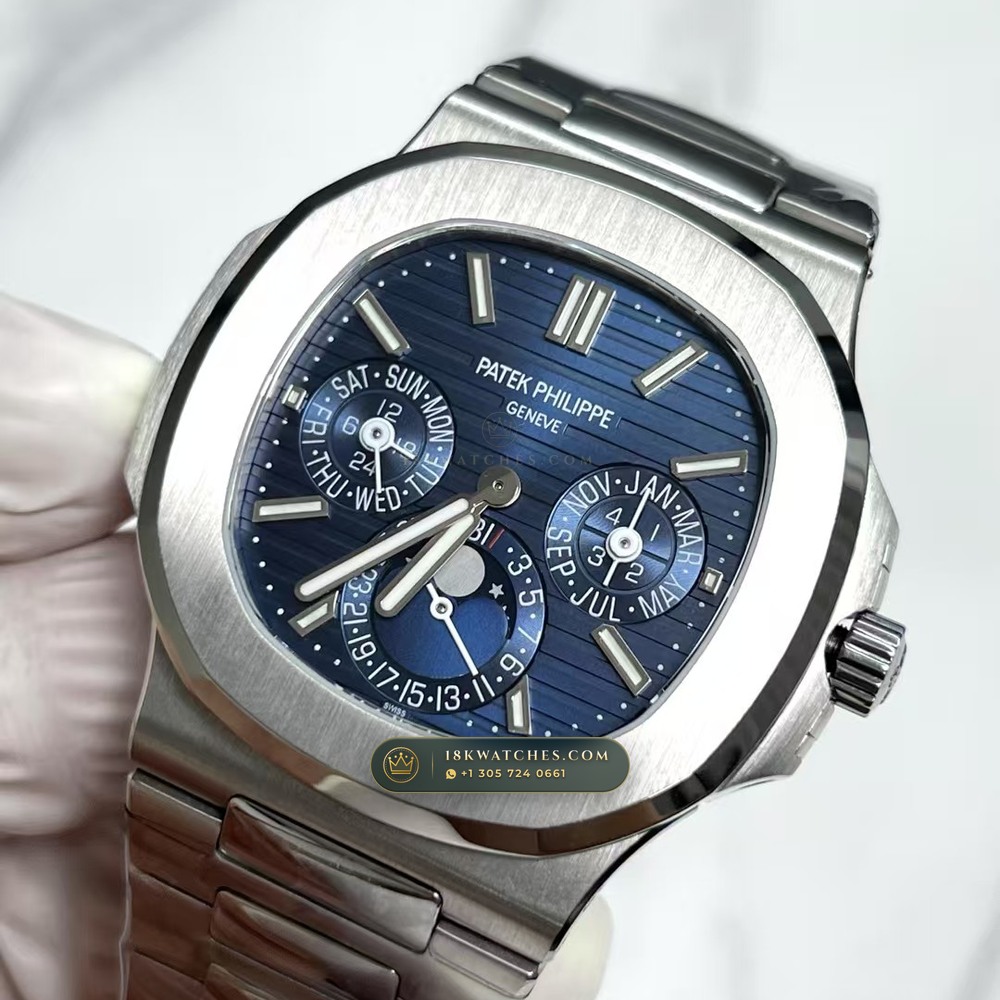 Patek Philippe Nautilus Grand Complication Perpetual Calendar Sunburst Blue Dial 18K White Gold Ref. 5740/1G-001 — Studio Gallery Plate V in 18K White Gold Au750 (183.6g Verified Mass, Patek Philippe Ultra-Thin Cal. 240 Q Perpetual Calendar - 22K Gold Micro-Rotor)