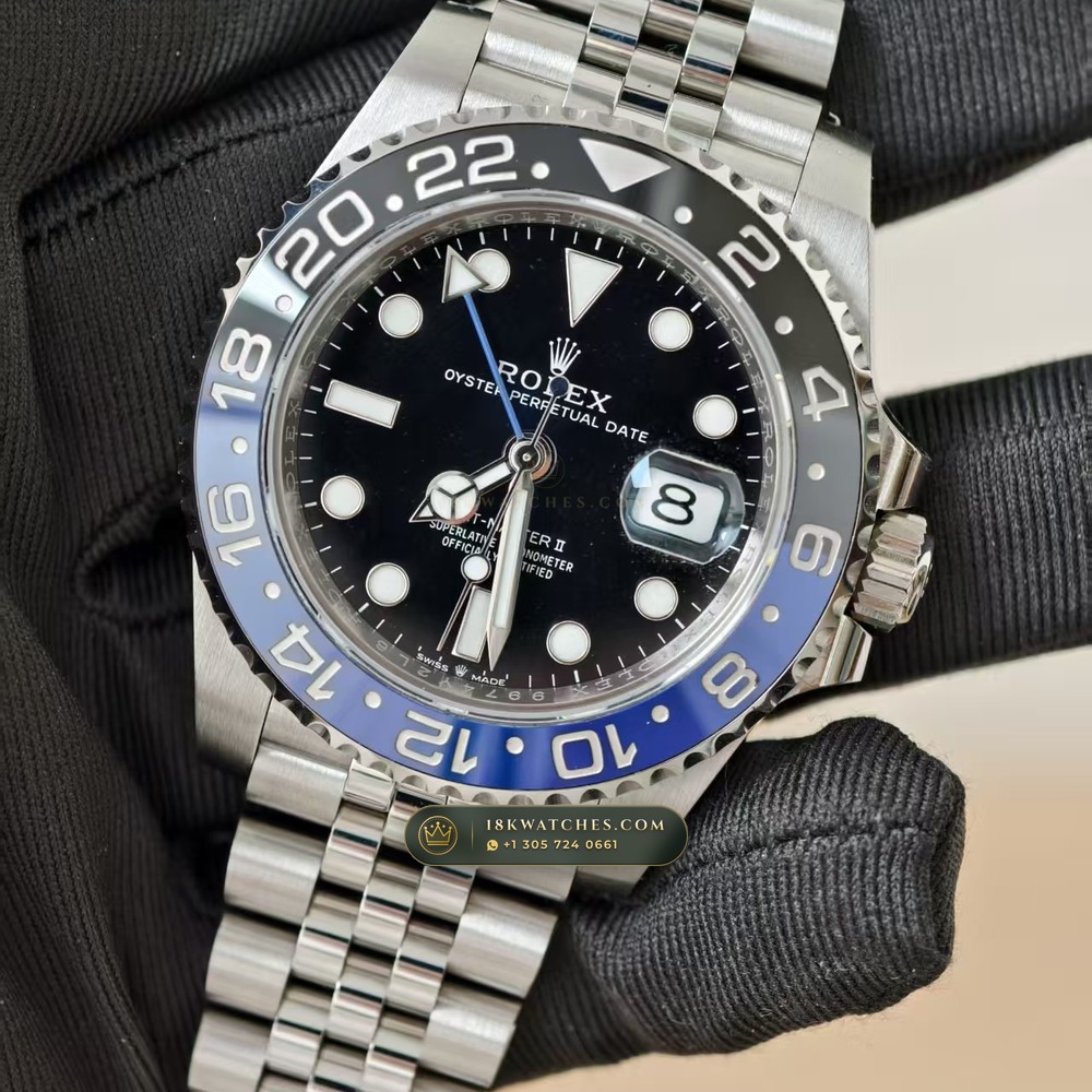 Rolex GMT-Master II Batgirl Blue & Black Jubilee Deep Crystal Optics Ref. 126710BLNR — Studio Gallery Plate II in 904L Stainless Steel Custom Architecture (143.3g Verified Mass, Rolex Manufacture Cal. 3285 - 70h Power Reserve)