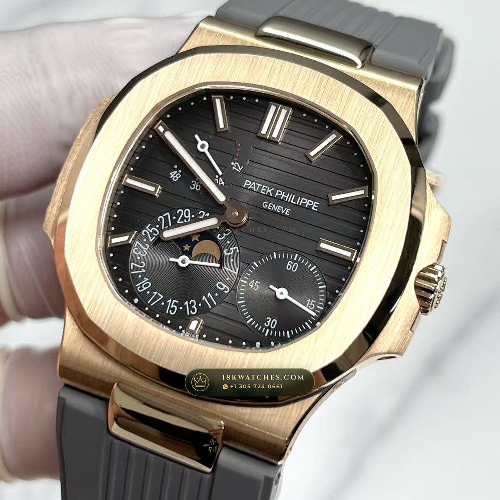 Patek Philippe Nautilus Moonphase & Power Reserve 18K Rose Gold Custom SW Dial Free-Sprung Calibre Ref. 5712R — Studio Gallery Plate II in 18K Rose Gold Au750 (105.9g Verified Mass, Patek Philippe Cal. 240 PS IRM C LU - 22K Gold Micro-Rotor)
