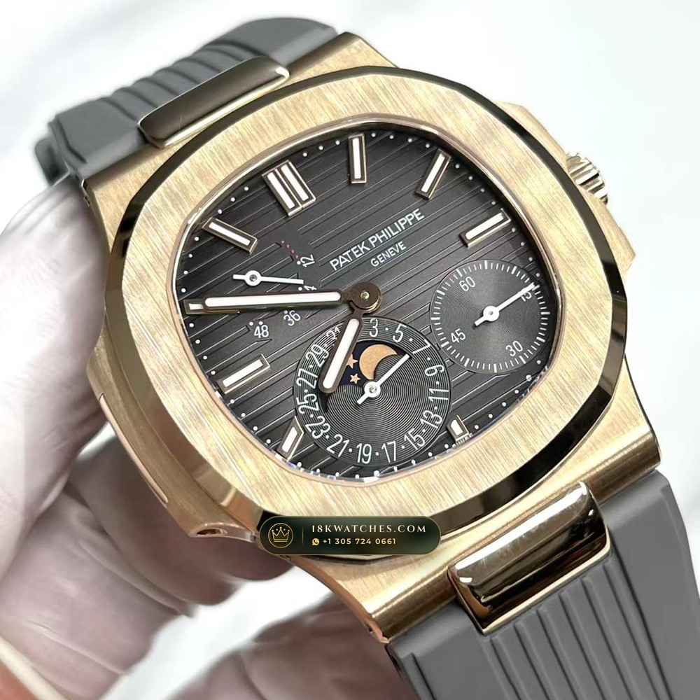 Patek Philippe Nautilus Moonphase & Power Reserve 18K Rose Gold Custom SW Dial Free-Sprung Calibre Ref. 5712R — Studio Gallery Plate III in 18K Rose Gold Au750 (105.9g Verified Mass, Patek Philippe Cal. 240 PS IRM C LU - 22K Gold Micro-Rotor)