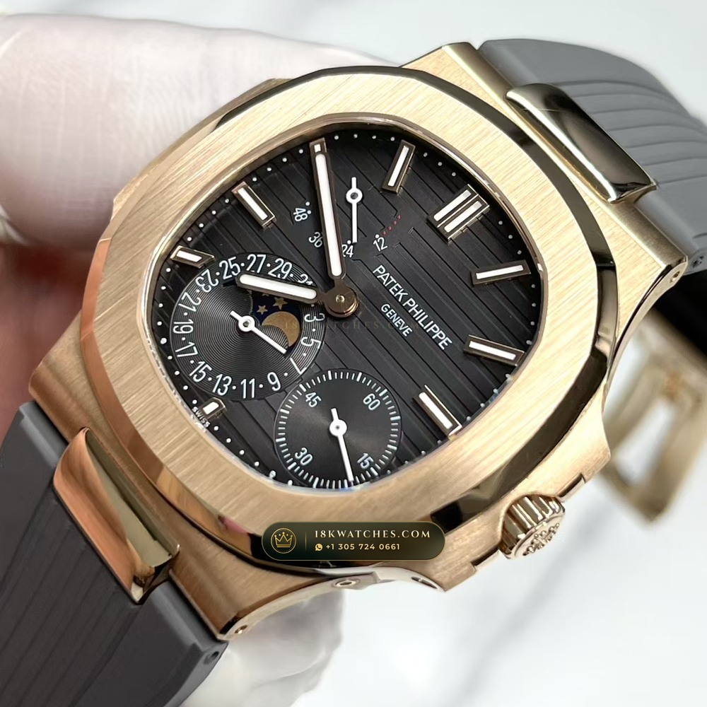 Patek Philippe Nautilus Moonphase & Power Reserve 18K Rose Gold Custom SW Dial Free-Sprung Calibre Ref. 5712R — Studio Gallery Plate IV in 18K Rose Gold Au750 (105.9g Verified Mass, Patek Philippe Cal. 240 PS IRM C LU - 22K Gold Micro-Rotor)