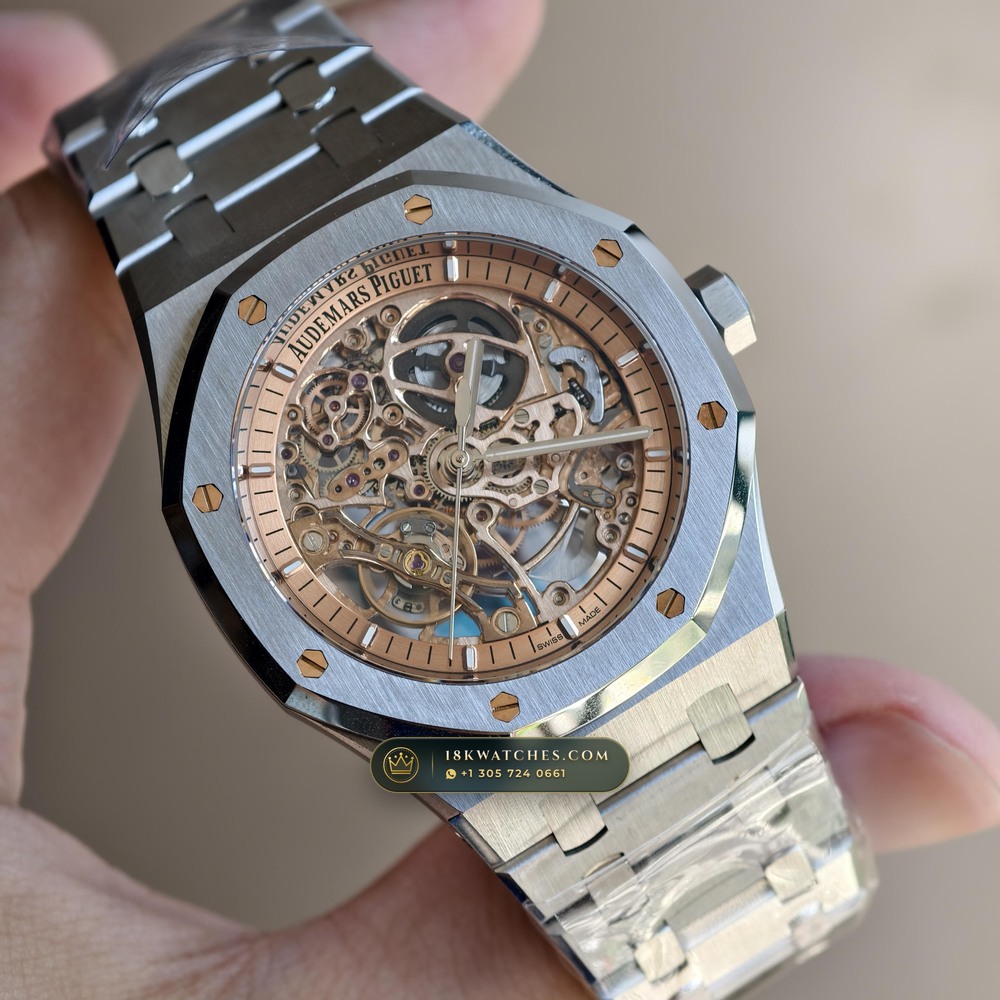 Audemars Piguet Royal Oak Double Balance Wheel Openworked 41mm Salmon Dial Ref. 15407ST.OO.1220ST.02 — Studio Gallery Plate II in 904L Stainless Steel Custom Architecture (162.1g Verified Mass, Audemars Piguet Cal. 3132 Dual-Balance Openworked)