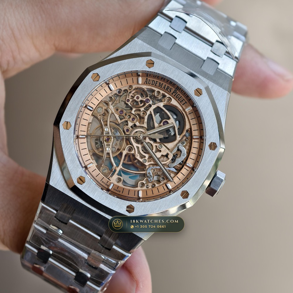 Audemars Piguet Royal Oak Double Balance Wheel Openworked 41mm Salmon Dial Ref. 15407ST.OO.1220ST.02 — Studio Gallery Plate III in 904L Stainless Steel Custom Architecture (162.1g Verified Mass, Audemars Piguet Cal. 3132 Dual-Balance Openworked)